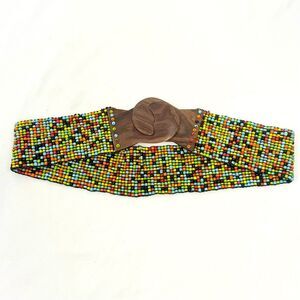 Colorful Seed Bead Wood Clasp Buckle Boho Festival Ethnic Tribal Stretch Belt